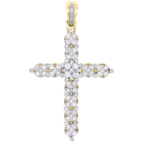 10K Yellow Gold Genuine Round Diamond Cross 2" Mens Circle Cluster Charm 1.25 CT