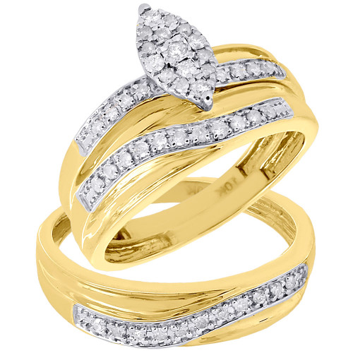10K Yellow Gold Diamond Trio Set Matching Marquise Engagement Ring & Band 1/3 Ct