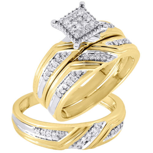 Diamond Trio Set 10K Yellow Gold Pave Square Engagement Wedding Ring 0.29 Tcw