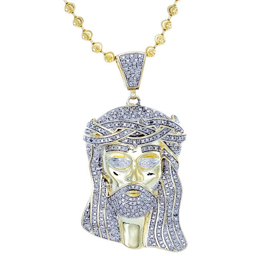 Diamond Micro Mini Jesus Face Piece Pendant .925 Charm 1 Ct with Moon-cut Chain