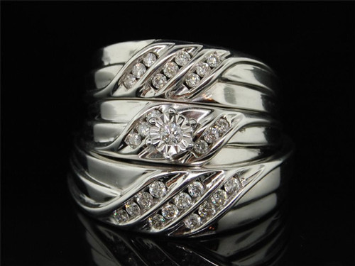 LADIES + MENS WEDDING BAND ENGAGEMENT DIAMOND TRIO SET