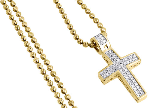 Diamond Cross Pendant Mini Jesus Piece .925 Charm 0.33 Ct with Moon-cut Chain