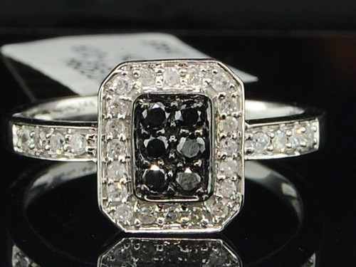 Anillo de cóctel cuadrado con diamantes negros, oro blanco de 14 k, talla redonda, mano derecha, 0,33 ct.