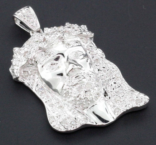 10k White Gold Diamond Pendant Teardrop Mini Jesus Piece Head Pave High Polished