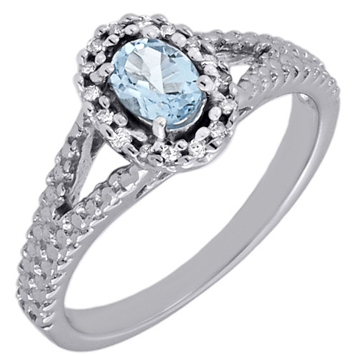 Diamond 10K White Gold Created Blue Topaz Fashion Oval Cocktail Ring 0.53 tcw.