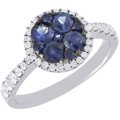 Diamond Genuine Blue Sapphire Cocktail Ring 14K White Gold Round Design 1.21 Tcw