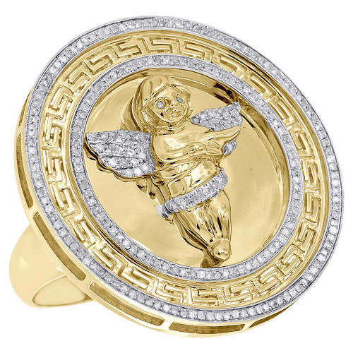 10K Yellow Gold Medallion Diamond Pinky Angel Ring 31MM Fancy Greek Key 0.55 Ct.