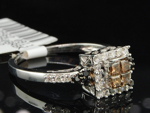 14K WOMENS WHITE GOLD CHAMPAGNE BROWN PRINCESS DIAMOND ENGAGEMENT WEDDING RING