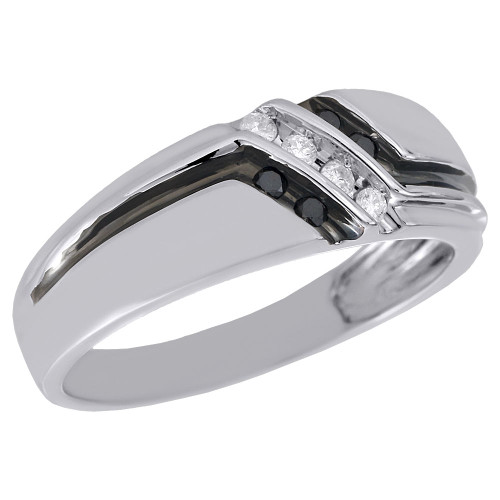 10K White Gold Black Diamond Mens Wedding Band Grooved Engagement Ring 0.20 Ct.