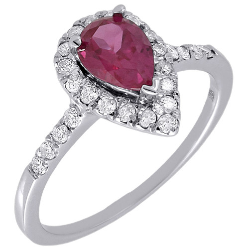 Diamond Ladies 10K White Gold Created Ruby Pear Fashion Cocktail Ring 1.23 tcw.