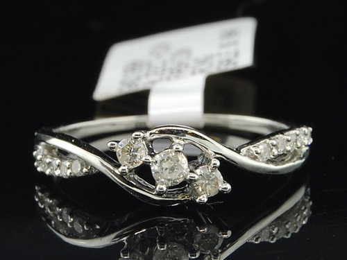Damen-Verlobungsring aus 10-karätigem Weißgold mit drei Steinen und Diamanten, gedrehtes Band, Brautset, .22c