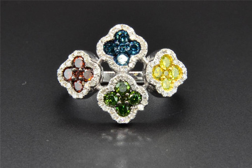 Color Diamond Flower Cocktail Right Hand Ring 10K White Gold Round Cut 1 Ct