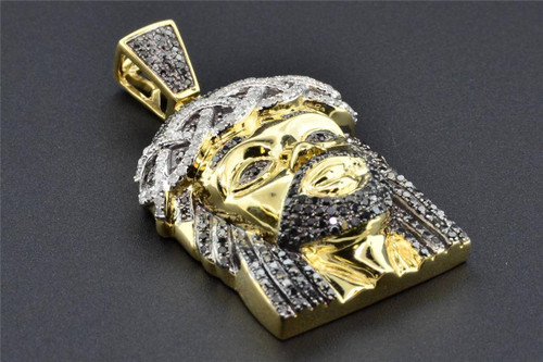 Black Diamond Mini Jesus Face Pendant .925 Sterling Silver Yellow Finish Charm