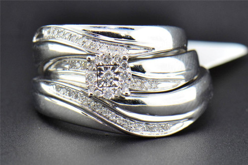 Diamond Trio Set Matching Engagement Ring Wedding Band 10K White Gold 0.19 Ct