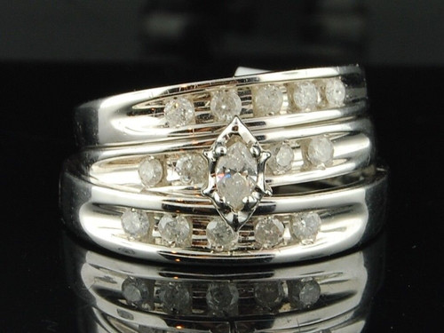 14k White Gold Marquise Diamond Solitaire Matching Engagement Wedding Trio Set