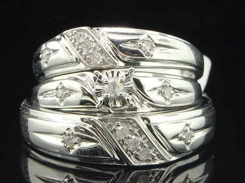 Men's Ladies 10K White Gold Diamond Engagement Ring Wedding Band Trio Set .15 Ct