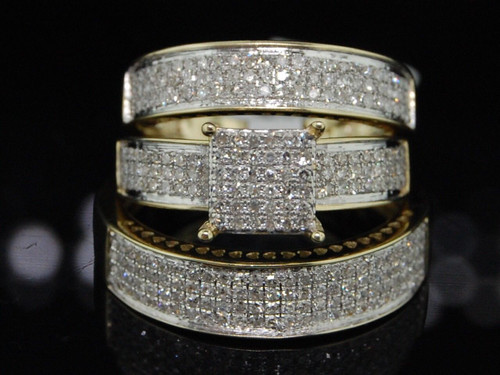 Diamond Trio Set 10k Yellow Gold His & Her Matching Wedding Engagement Ring