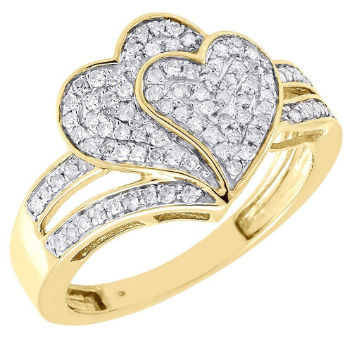 Diamond Heart Cocktail Ring 10K Yellow Gold Round Pave Fashion Band 1/3 Tcw.