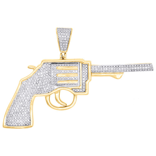 10K Yellow Gold Diamond Old Revolver Gun Pistol Pendant 1.3" Pave Charm 0.65 CT.