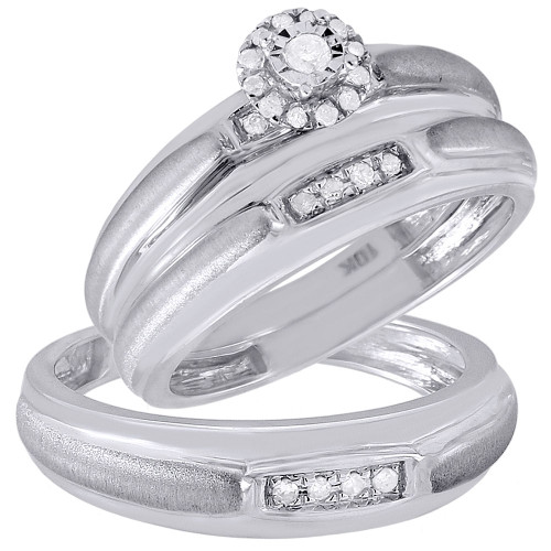 Diamond Trio Set 10K White Gold Ladies Engagement Ring Mens Wedding Band .16 Ct.