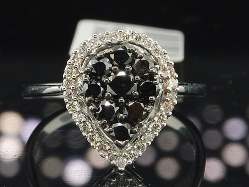10k White Gold Black Round Cut Diamond Pear Design Tear Drop Cocktail Ring