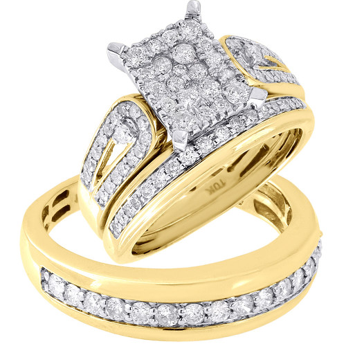 Anello di fidanzamento quadrato con trio di diamanti, fede nuziale in oro giallo 10k, 1,36 tcw.