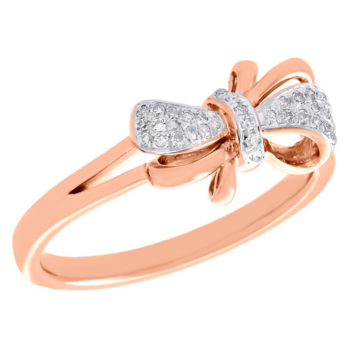 10K Rose Gold Diamond Bow Ring Ladies Right Hand Statement Band 0.10 CT.