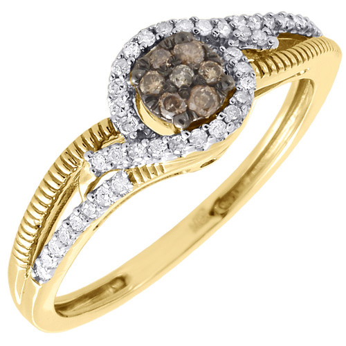 Brauner Diamant-Halo-Ring für die rechte Hand, runder Cocktailring aus 10 Karat Gelbgold mit 0,20 ct