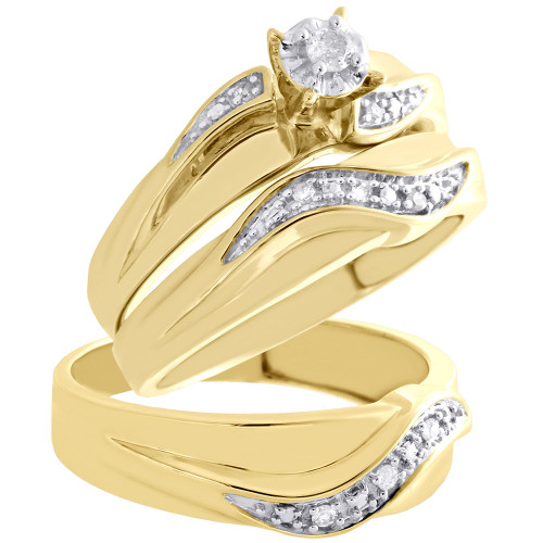 10K Yellow Gold Solitaire Diamond Trio Set Engagement Ring Wedding Band 0.17 Ct.