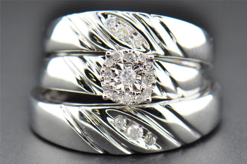 Diamond Trio Set Round Cut His & Her Matching .925 Sterling Silver Ring 0.20 Ct