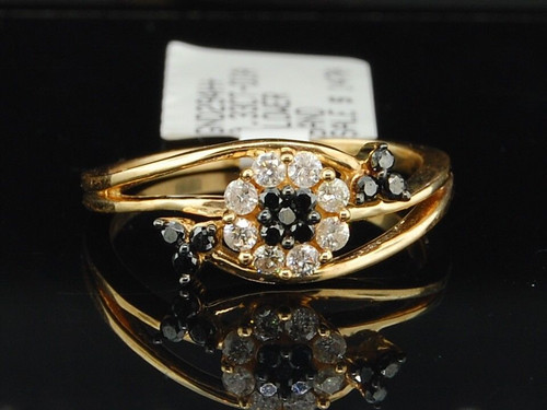 Black Diamond Flower Fashion Ring Right Hand 14K Yellow Gold Round Cut 1/3 Ct