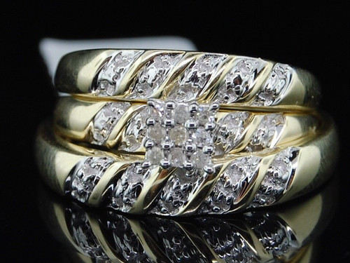 Mens Ladies 10K Yellow Gold Diamond Cluster Engagement Ring Wedding Trio Set