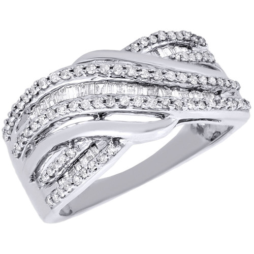 10K White Gold Baguette & Round Diamond Crossover Band Right Hand Ring 0.50 Ct.