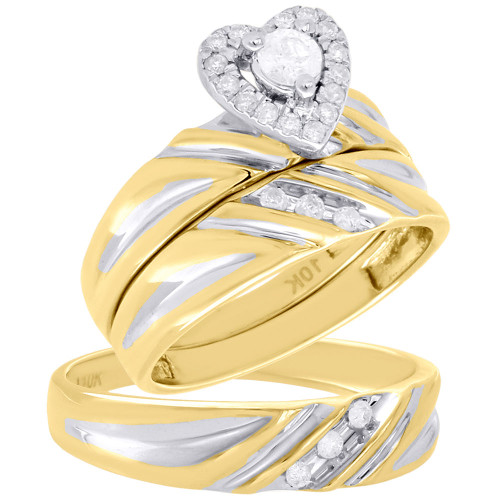 10K Yellow Gold Solitaire Diamond Heart Engagement Wedding Ring Trio Set 0.38 Ct