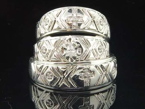 Men's Ladies 10K White Gold Diamond Engagement Ring Wedding Band Trio Set .14 Ct