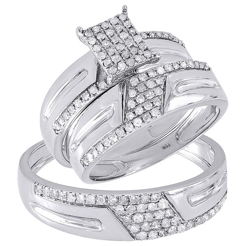 Diamond Trio Set 10K White Gold Round Pave Matching Engagement Ring Wedding Band