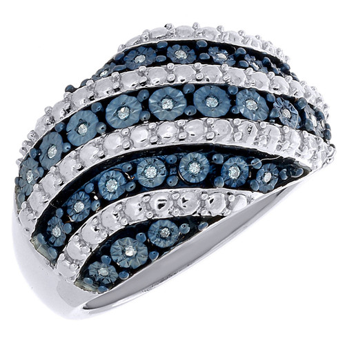 Blue Diamond Cocktail Band .925 Sterling Silver Right Hand Ring 0.11 Ct.