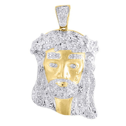 Diamond Jesus Face Pendant Yellow Silver Brushed Finish Charm 0.25 Tcw.