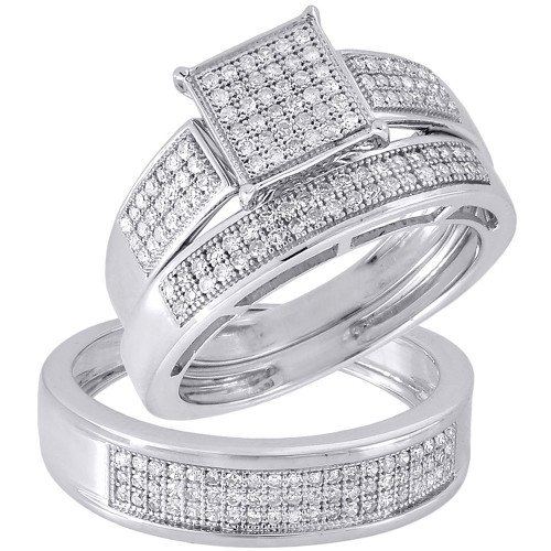 Diamond Trio Set 10K White Gold Ladies Engagement Ring Mens Wedding Band .60 Ct
