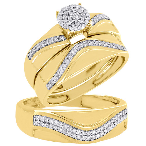 10K Yellow Gold Diamond Trio Set Matching Wave Engagement Ring & Band 0.33 Ct.