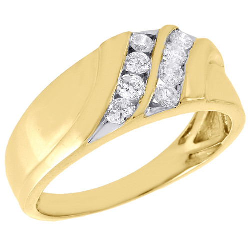 Diamond Wedding Band 10K Yellow Gold Mens Round Cut Ring 2 Diagonal Rows 0.50 Ct