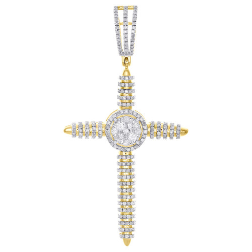 10K Yellow Gold Diamond Cross Pendant Tube Domed Mens Pave 2.10" Charm 0.79 Ct.