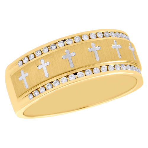 14K Yellow Gold Diamond Mens Wedding Band w/ Budded Cross Engagement Ring 1/4 CT