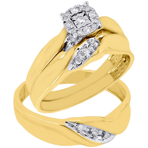 10K Yellow Gold Diamond Trio Set Matching Contour Engagement Ring & Band 0.13 Ct