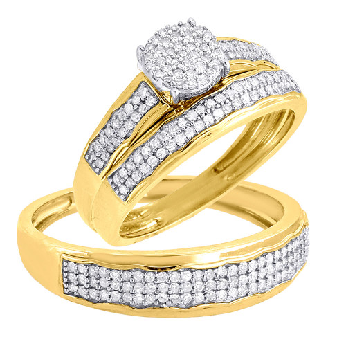 Diamond Trio Set His & Her Matching Engagement Wedding Ring Yellow Gold 1/2 Ct