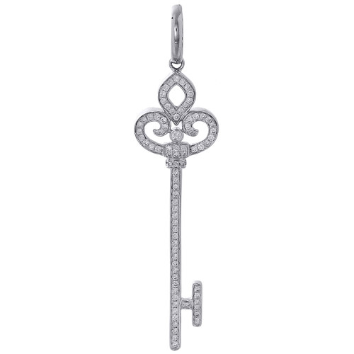 Diamond Key Pendant 10K White Gold Ladies Round Cut Designer XL Charm 1.25 Ct.