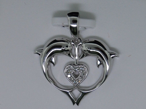 LADIES WHITE GOLD DIAMOND HEART LOVE DOLPHIN PENDANT