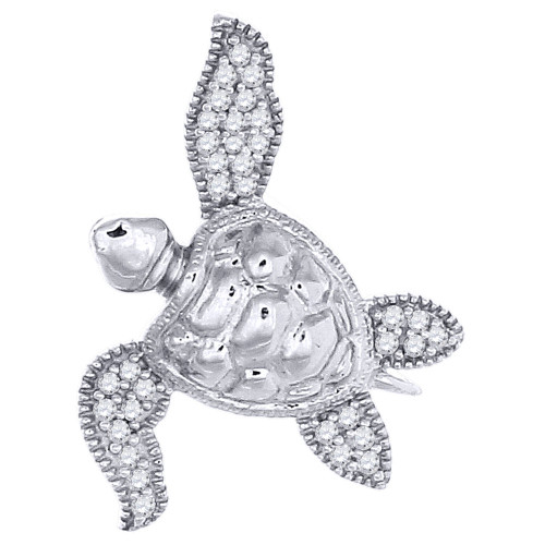 Diamond Swimming Tortoise Turtle Pendant in 10K White Gold Pave Charm 0.10 Ct.