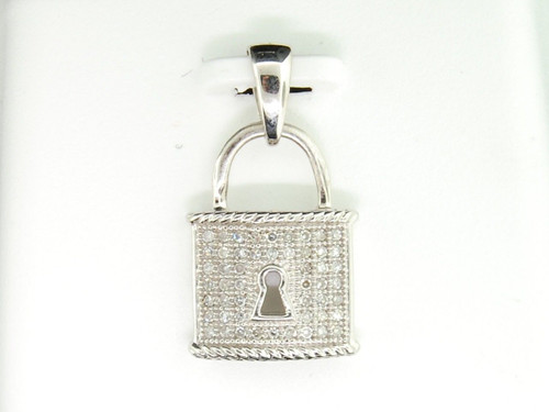 Diamond Lock Pendant Ladies 10K White Gold Round Pave Key Hole Charm 0.12 CT.