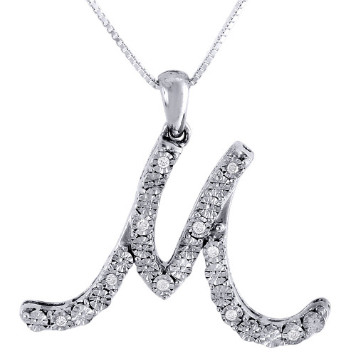 Initial M Diamond Pendant .925 Sterling Silver Script Charm w/ Chain 0.11 Tcw.